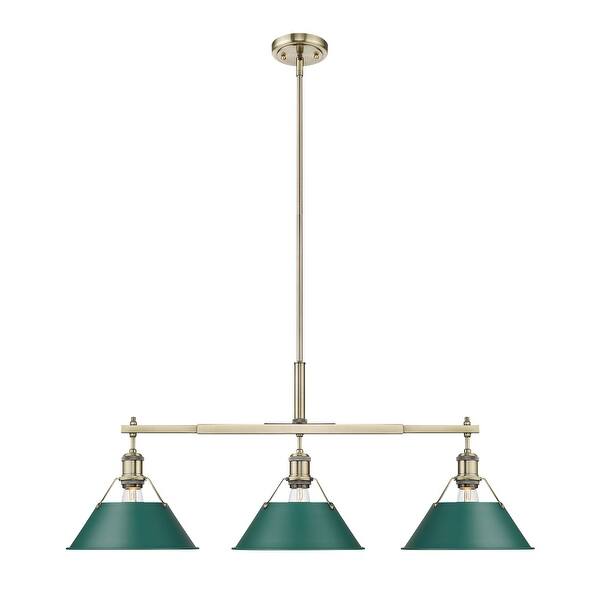 slide 2 of 3, Yep by Golden Lighting Orwell 3-light Island Light in Aged Brass and Pine Green shade - 3 Light Linear Pendant
