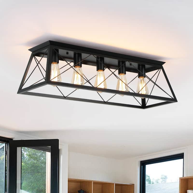 Rustic 5-Light Rectangular Cage Flush Semi Flush Mount - 31.5in