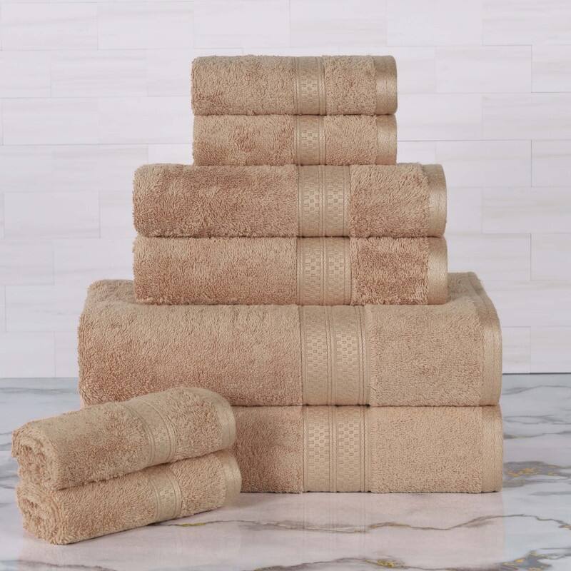 Superior 8 Piece Towel Set (2 Piece Bath Towel and 6 Piece Hand Towel), Rayon From Bamboo and Cotton - Sand
