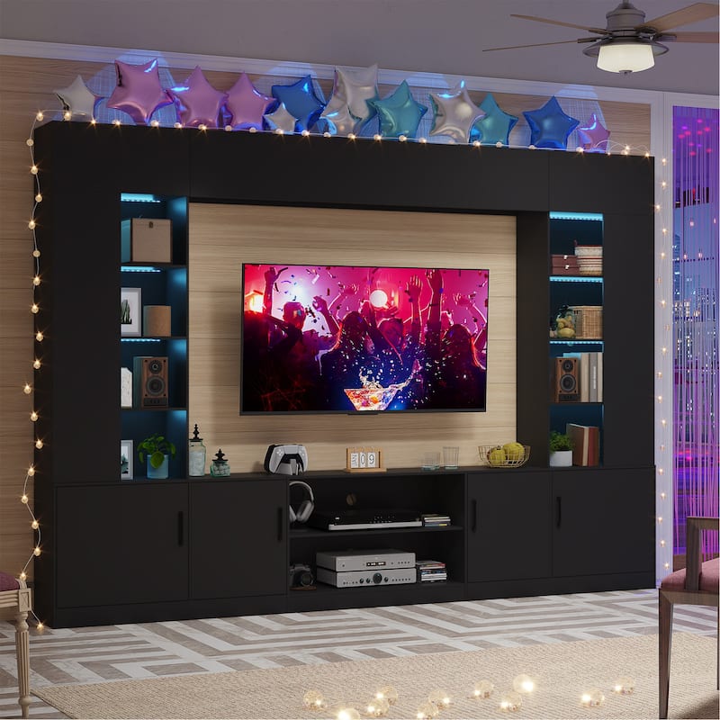 EROMMY 112" Wall Unit TV Stand with LED Lights, Bookshelves and Storage Cabinets for Living Room - Black.
