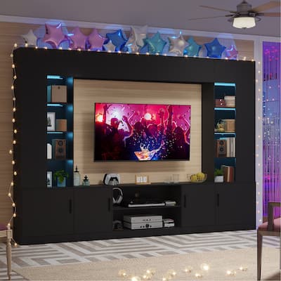 EROMMY 112" Wall Unit TV Stand with LED Lights, Bookshelves and Storage Cabinets for Living Room