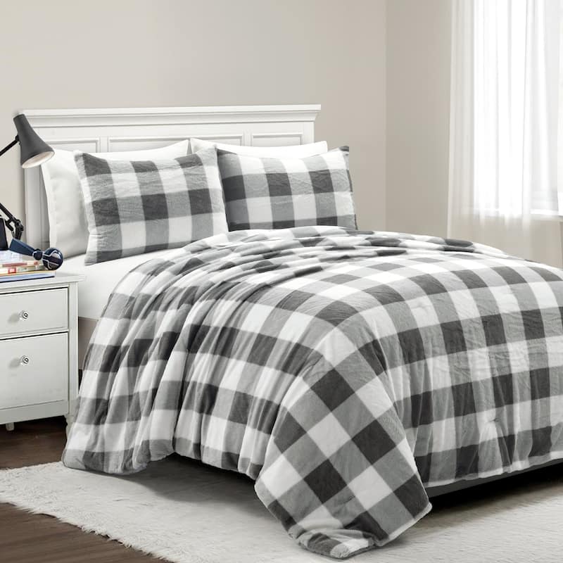 Lush Decor Plaid Ultra Soft Faux Fur Light Weight All Season Kids Back To Campus Comforter Set - Light Gray  - Twin