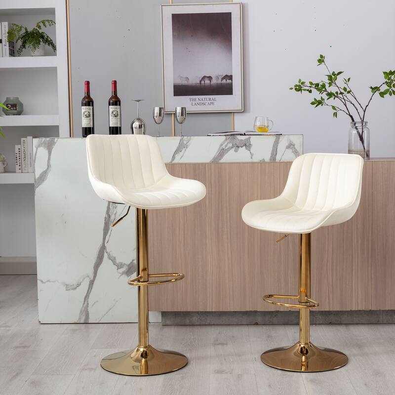 Chrome Footrest And Base Swivel Height Adjustable Mechanical Lifting Velvet + Golden Leg Simple Bar Stool - Ivory