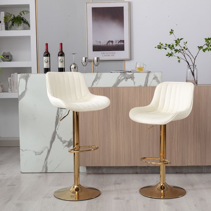 Set of 2 Adjustable Swivel Bar Stools, Ivory Velvet with Chrome Footrest & Gold Legs