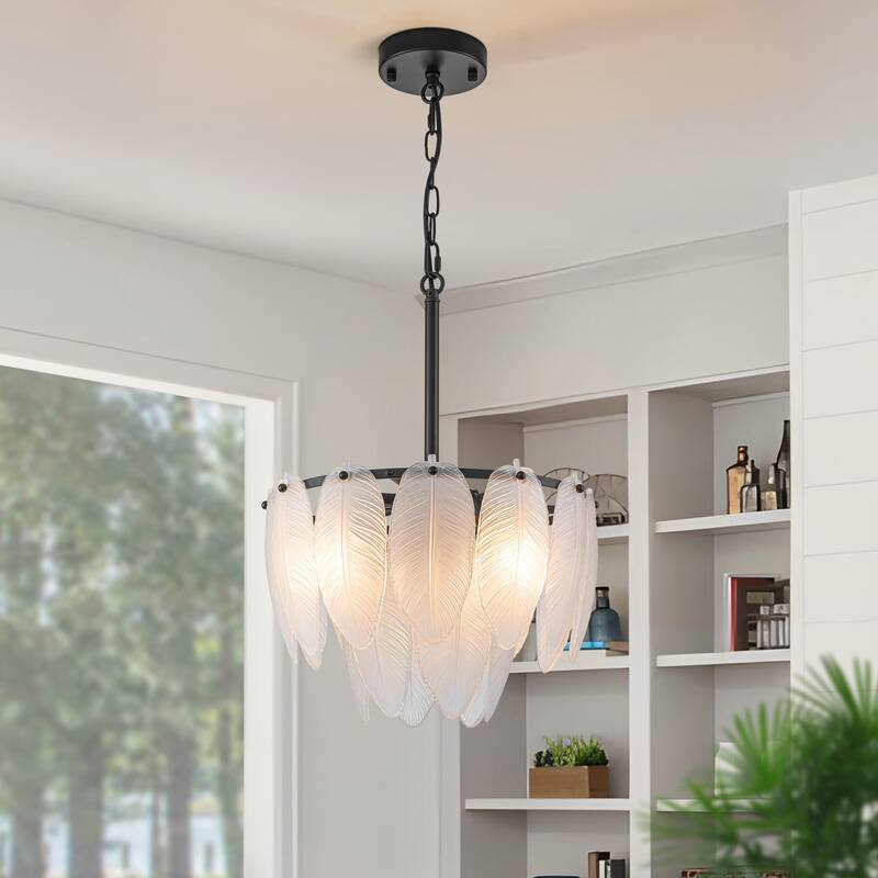 Starsky Modern 3-Light Tiered Feather-Shaped Glass Chandelier - Black