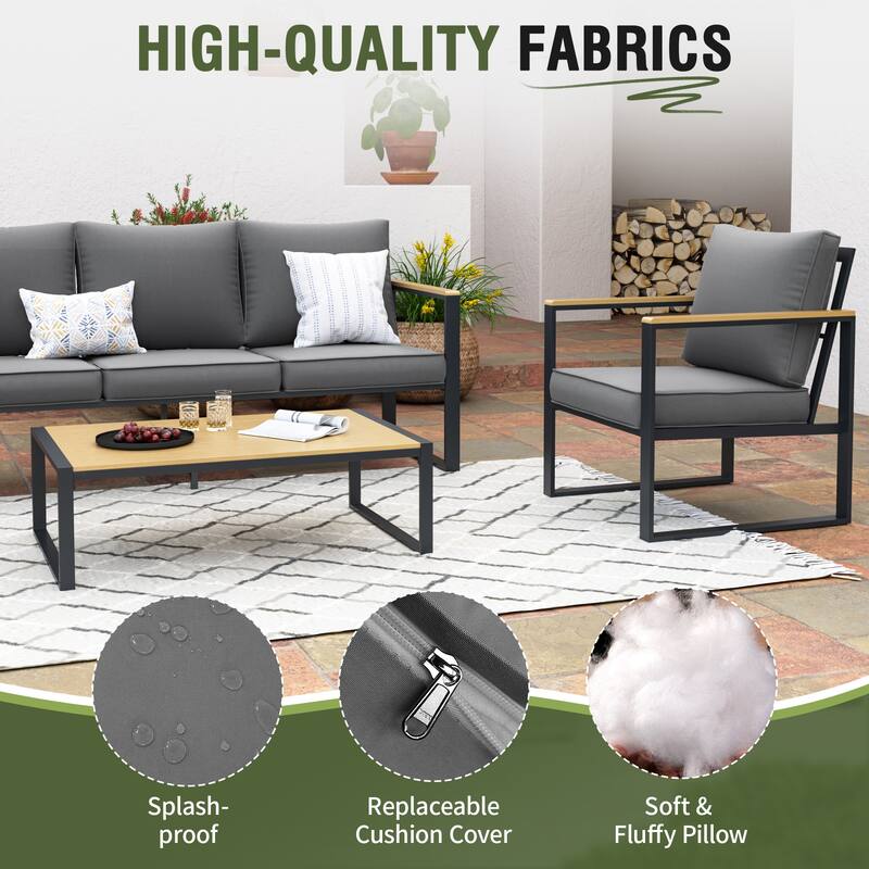 Outdoor 4 Pieces Furniture Sets Modern Iron Patio Conversation Sets Sofa w Grey Cushion Faux Wood Grain Frame Coffee Tab