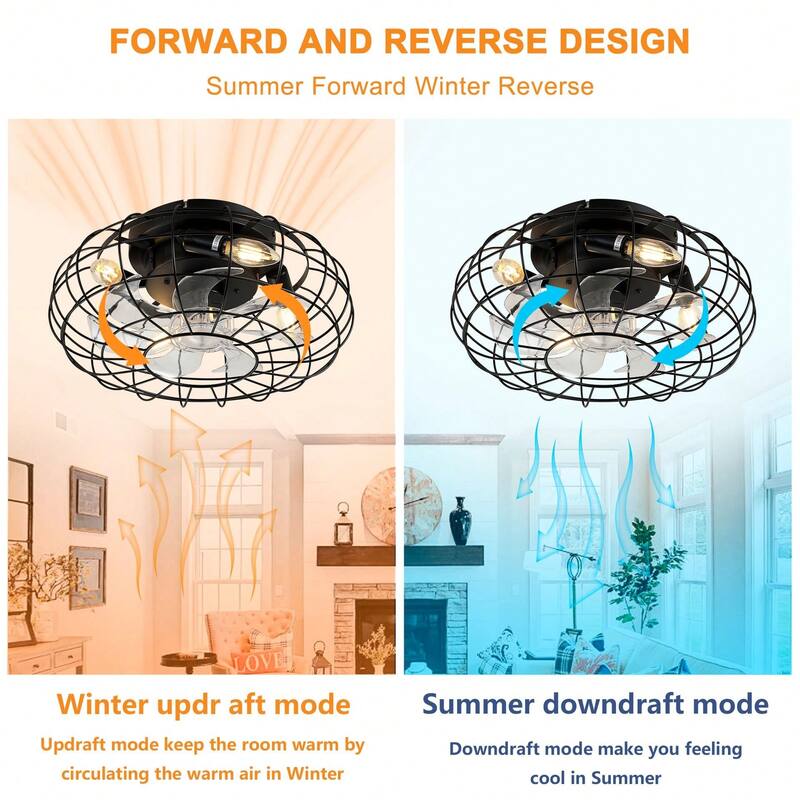 Cusp Barn 20'' Black Low Profile Bladeless Caged Ceiling Fan with Lights and Remote, 6 Speeds Reversible Ceiling Fan for Bedroom