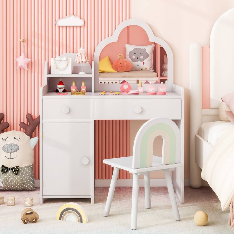 Children's Vanity Table and Stool Set with Mirror and Drawers Cabinet for Bedroom or Playroom - 31.5" x 16" x 38.5" (L x W x H) - White