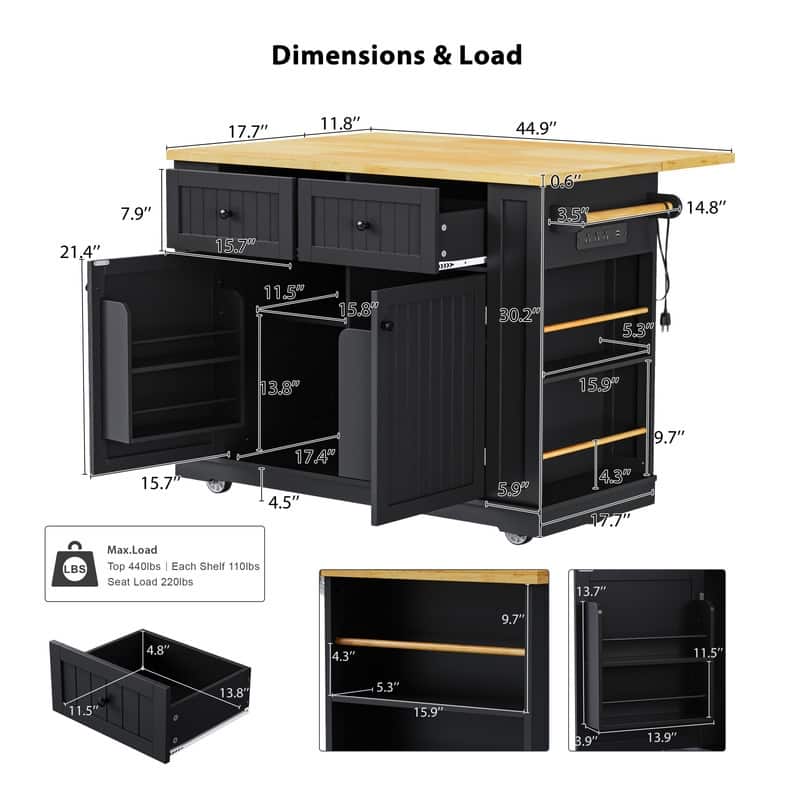 Frost 53inch Large Kitchen Island with Drop Leaf