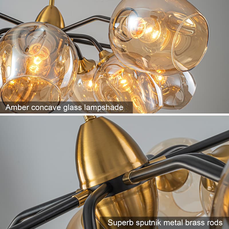 Modern Glam 10-Light Cluster Amber Glass Chandelier - Brass