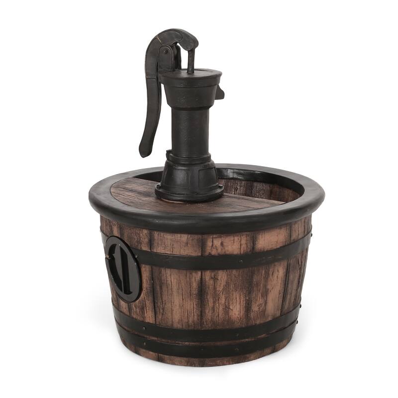 Roomfitters 26.5" Hand-Crafted Rustic Barrel and Pump Outdoor Water Fountain with LED Lights, Weather-Resistant Faux Stone, Wood