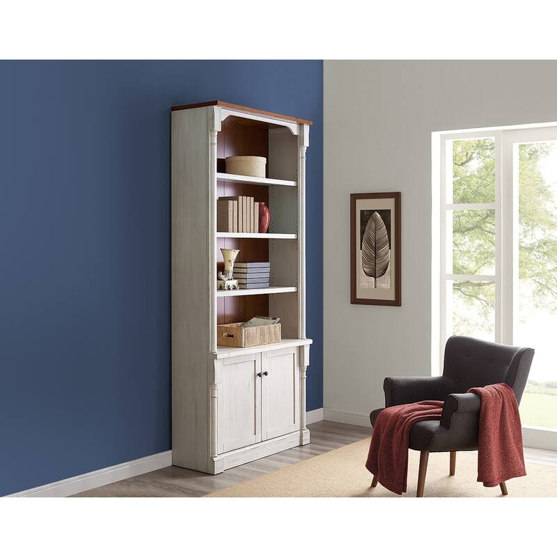 Rustic 8' Wood Bookcase With Doors, Storage Cabinet, White - 42W x 94H x 16D - Weathered white finish