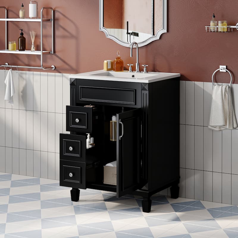 24" Bathroom Vanity with Ceramic Sink - Modern 2-Drawer Storage Cabinet, Adjustable Shelf, Space-Saving Design - Black