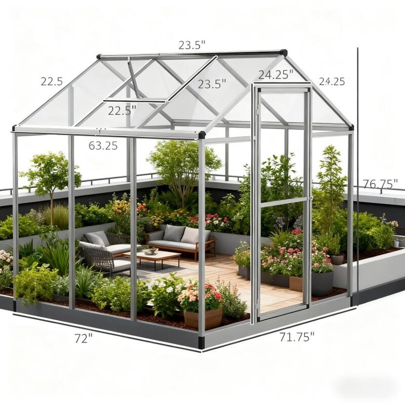 GDFStudio - Outdoor 6'x6' Aluminum Frame Walk-In Polycarbonate Greenhouse with Roof Vent & Rain Gutters - Silver