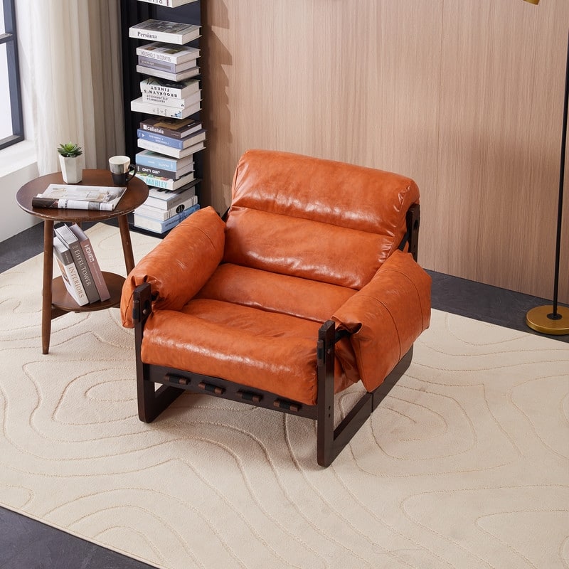 Vintage Orange Medieval Modern Lounge Chair - Removable Armrests, Waxed Leather & Rubberwood Frame