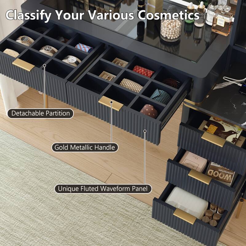 Modern Fluted Makeup Vanity Desk with Lighted Mirror, Dressing Table