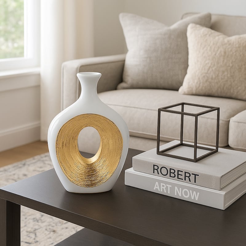 Modern Ceramic Textured Oval Cut-Out Vase - Home Decor - 13"