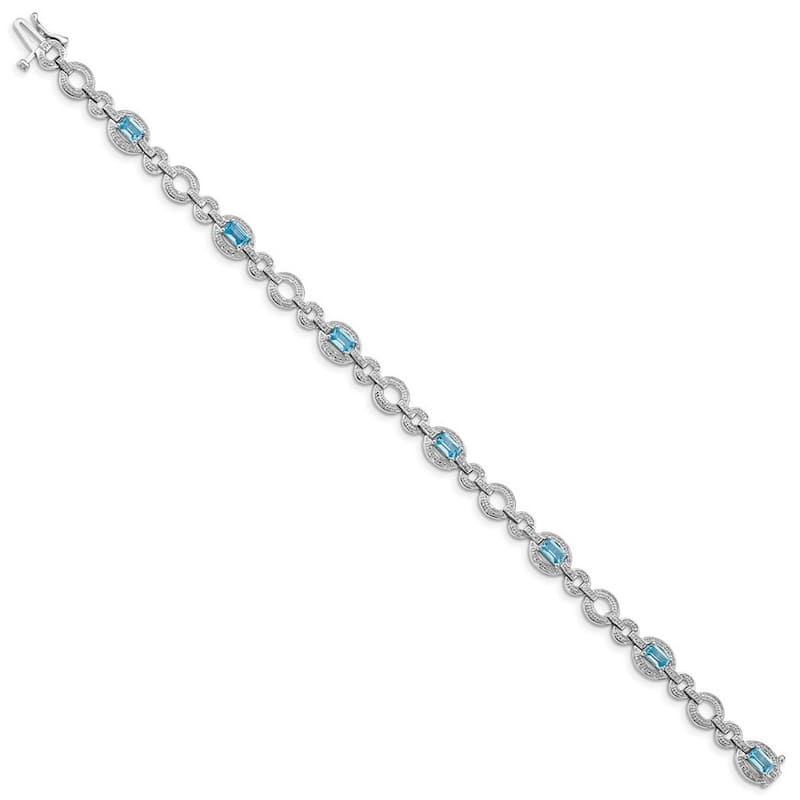 Curata 925 Sterling Silver Textured Polished Box Catch Closure Diamond and Lt Swiss Blue Topaz Oval Link Bracelet