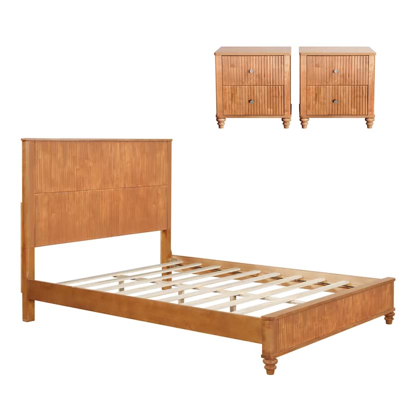 GDFStudio - Harrison Sturdy Solid Wood Bed Frame with Tall Headboard for Elegant Bedrooms - Queen - Natural(with 2 Nightstands)