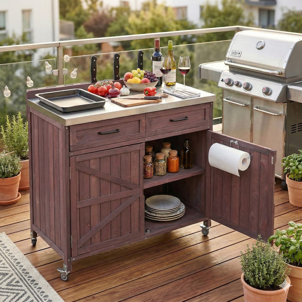 39.4" Outdoor Kitchen Island with Stainless Table Top, Pizza Prep Station with Drawer and Internal Storage Racks