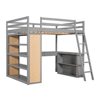Multi-Function Full Size Wood Loft Bed with Shelves and Desk Under-Bed