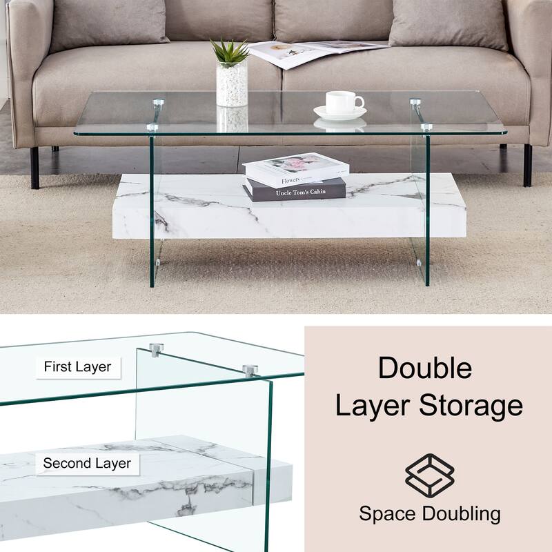Roomfitters 43.3" Two-Tier Glass Coffee Table with Light Wood Shelf, Side Table or Display Stand
