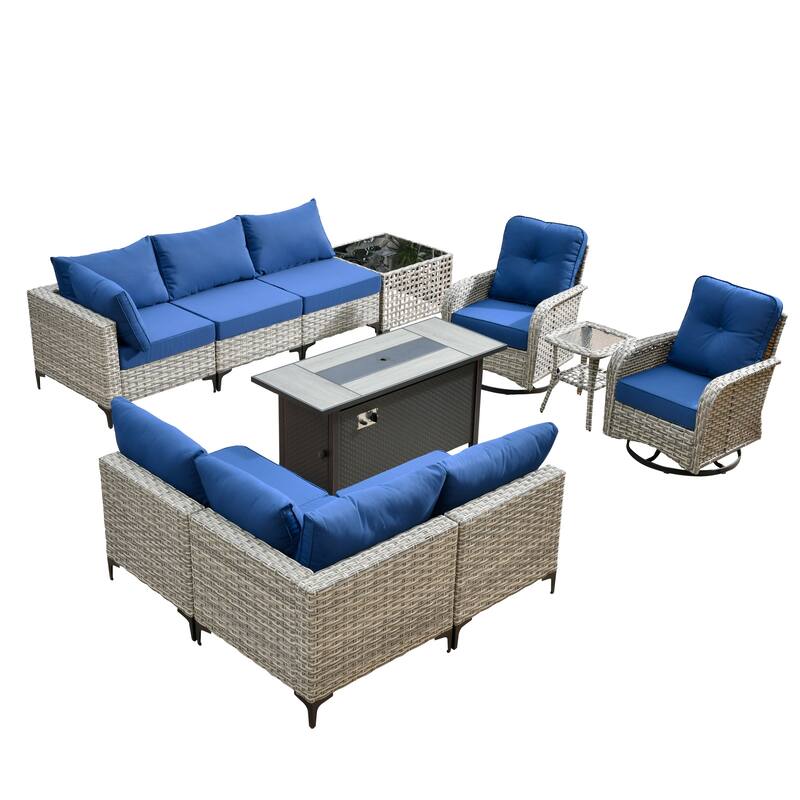 HOOOWOOO 11-piece Outdoor Patio Sofa Wicker Furniture Swivel Chair Set with 54" Fire Pit Table