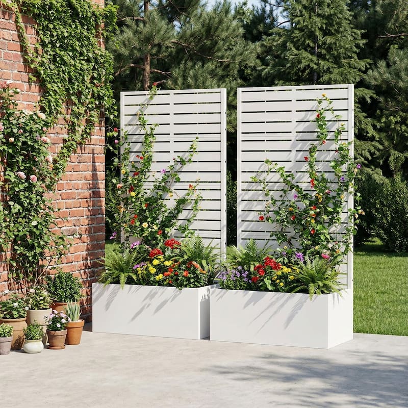 Metal Planter Box with Trellis Privacy Screen Planter Box Set of 2 - White