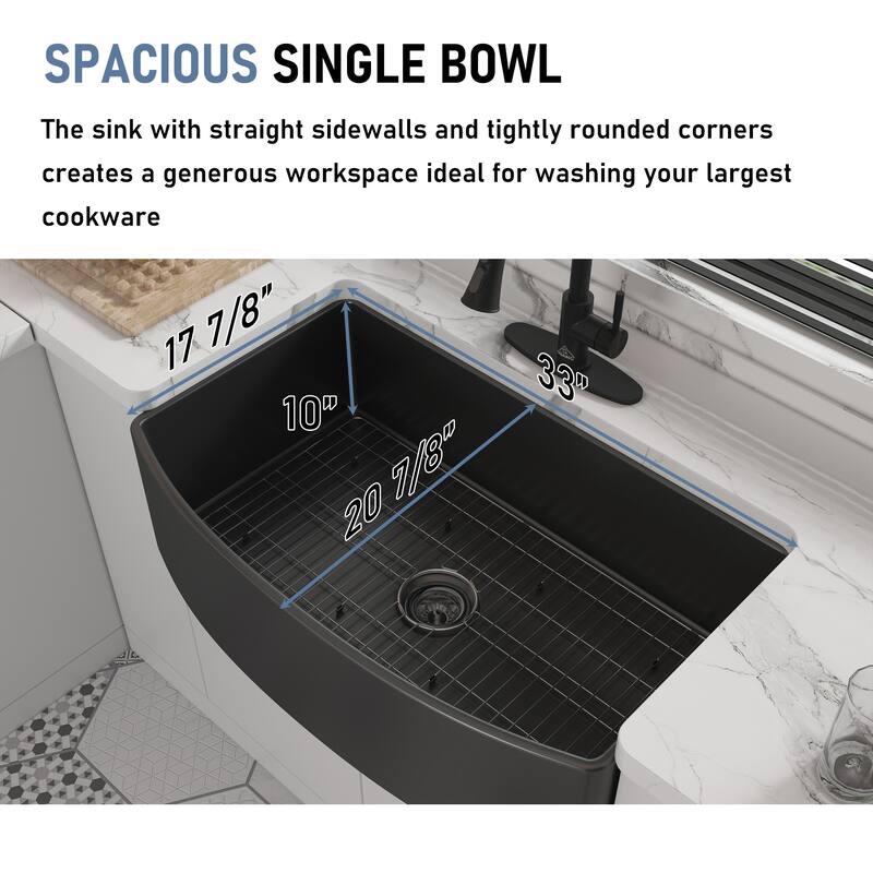 All-in-One Curved Design Single Bowl Farmhouse/Apron-Front Fireclay Kitchen Sink with Pull Down Kitchen Faucet and Accessories
