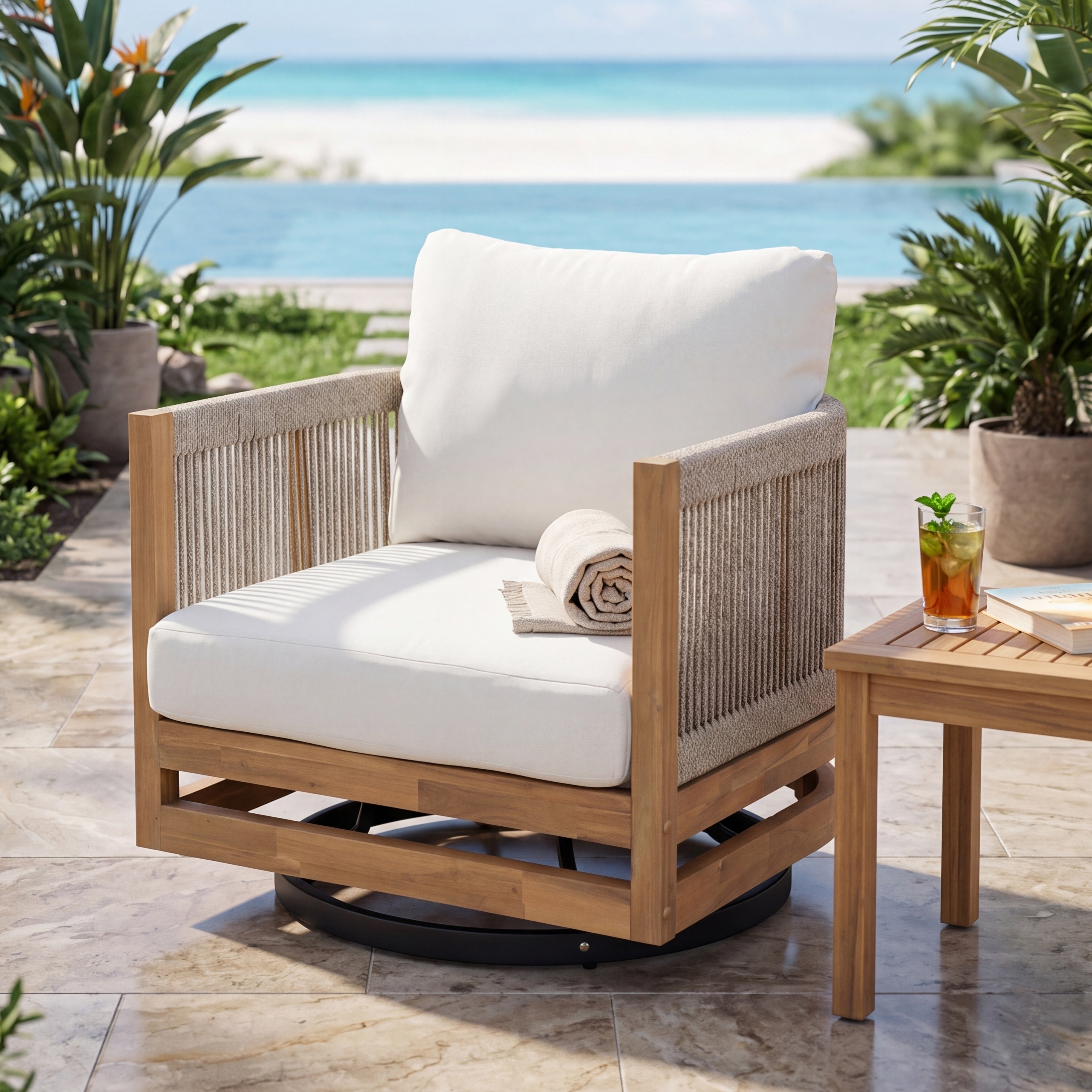 Christopher Knight Home - Outdoor Swivel Chair with Acacia Wood, Handwoven Rope Frame & 360° Iron Base