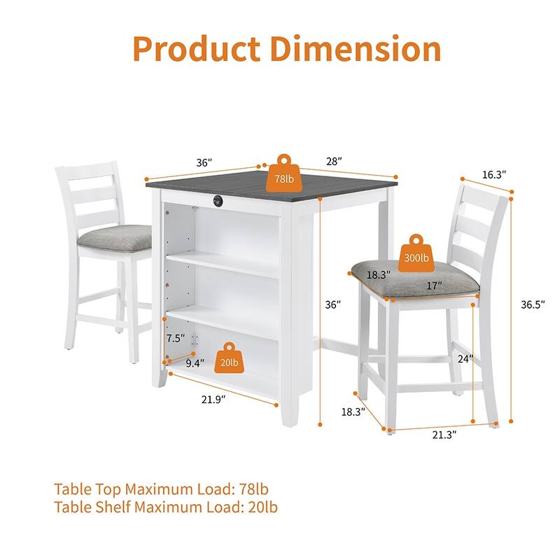 36" Modern Dining Table Set, 2-Seater Charging Station 3-Tier Storage