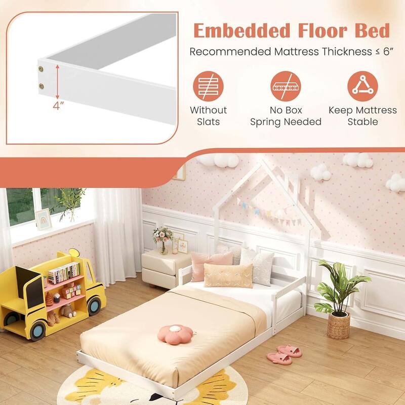 Floor Kid House Bed Frame Wood Twin Floor Bed w/ Fence