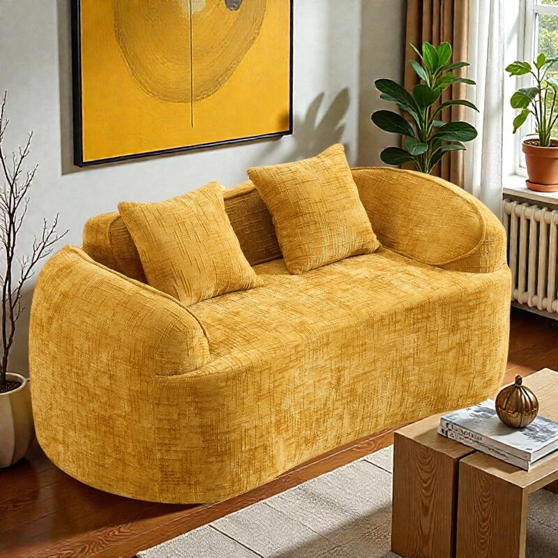 Curved 2 Seater Compressed Sofa Loveseat, Chenille Upholstered Couch with Armrests and Pillows, No Assembly
