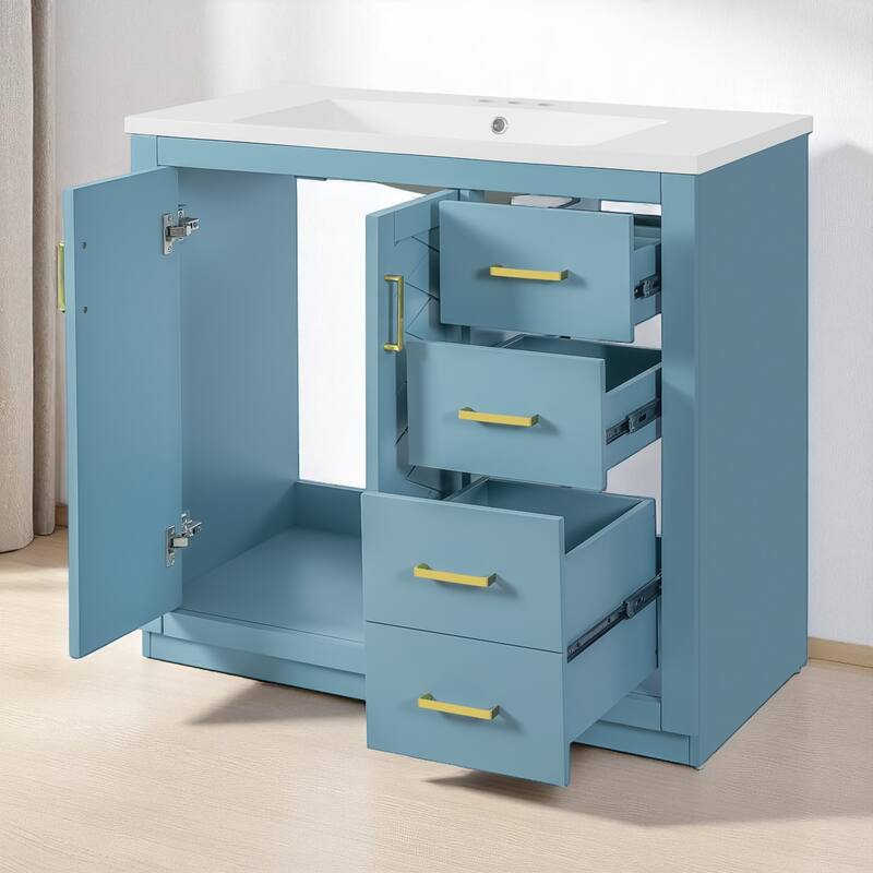 36" Indigo Bathroom Vanity with Sink - Solid Wood Frame, 3 Drawers, 2 Doors, Ceramic Basin, Soft-Close Hardware, Storage Cabinet