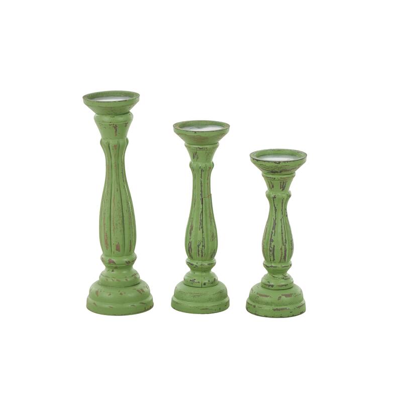Wooden Distressed Turned Decorative Candle Holder - Set of 3 Gray, Brown, Blue, Green - Roche River Decor