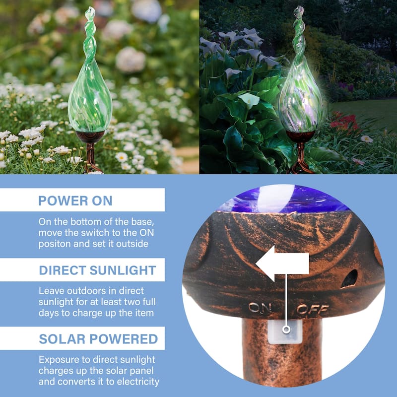 Exhart Solar Pearlized Hand Blown Glass Twisted Flame Garden Stake with Metal Finial Detail, 36 Inch