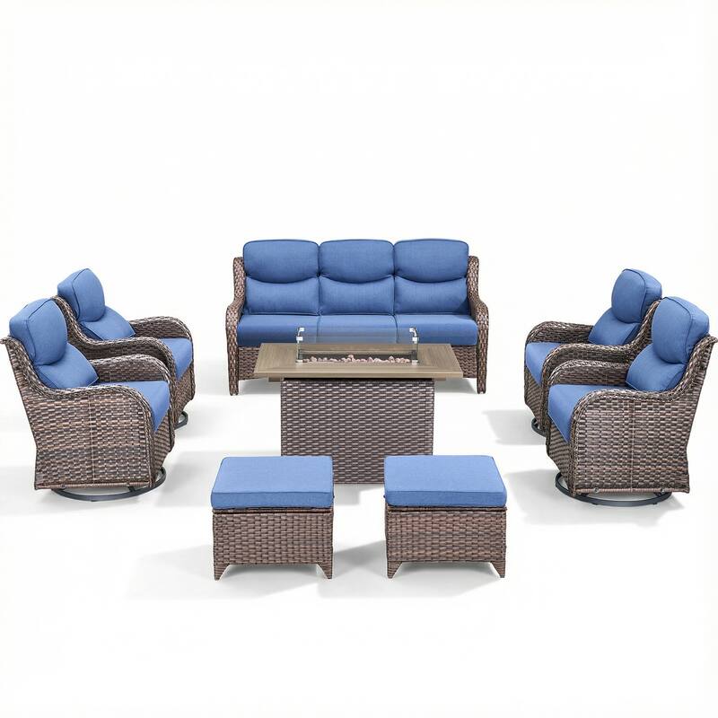 Pocassy Outdoor Fire Pit Sofa Swivel Chairs Ottoman Furniture Set