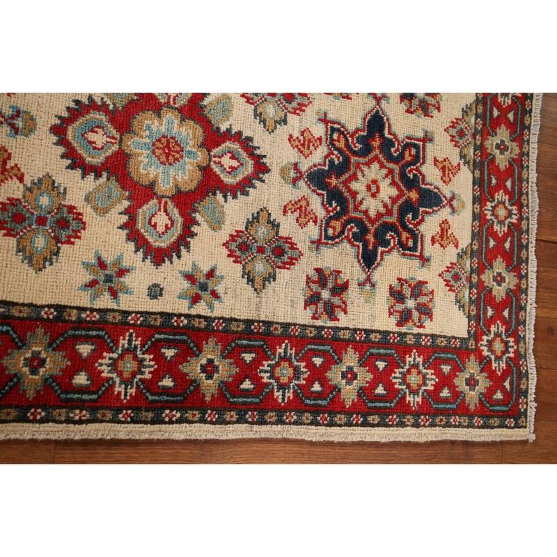 Geometric Kazak Runner Rug Hand-Knotted Beige Wool Carpet - 2'3" x 5'11"