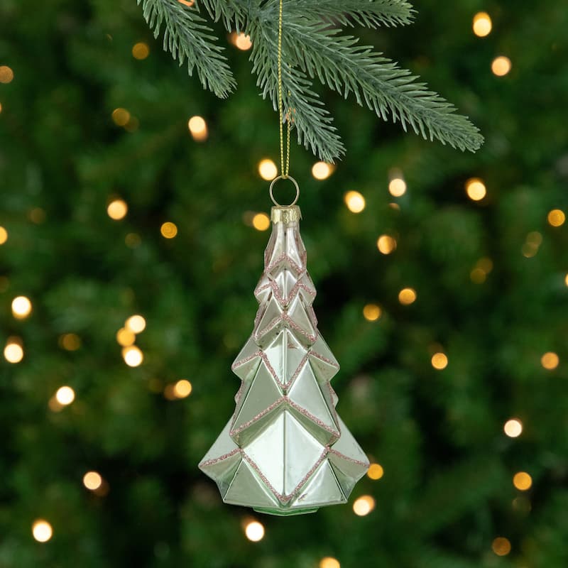 5" Green with Pink Glitter Glass Christmas Ornament