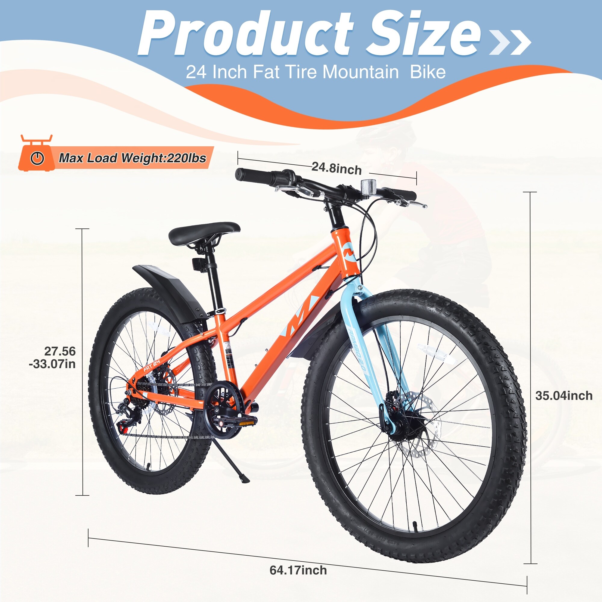 24 Inch Bicycles, Fat Tire Mountain Bike for Boys and Girls Age 10