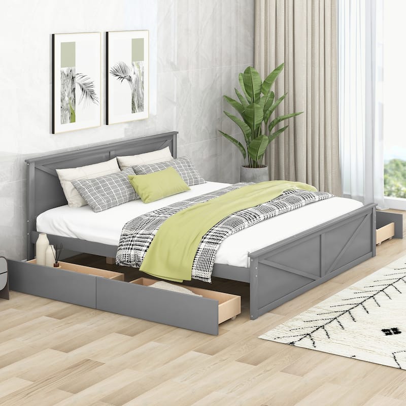 Wooden Platform Bed with Four Drawers - Grey - King