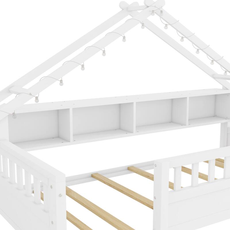 House-shaped Daybed Kids Wood House Bed Montessori Toddler Floor Bed with Roof Shape Storage Bookshelves and Light