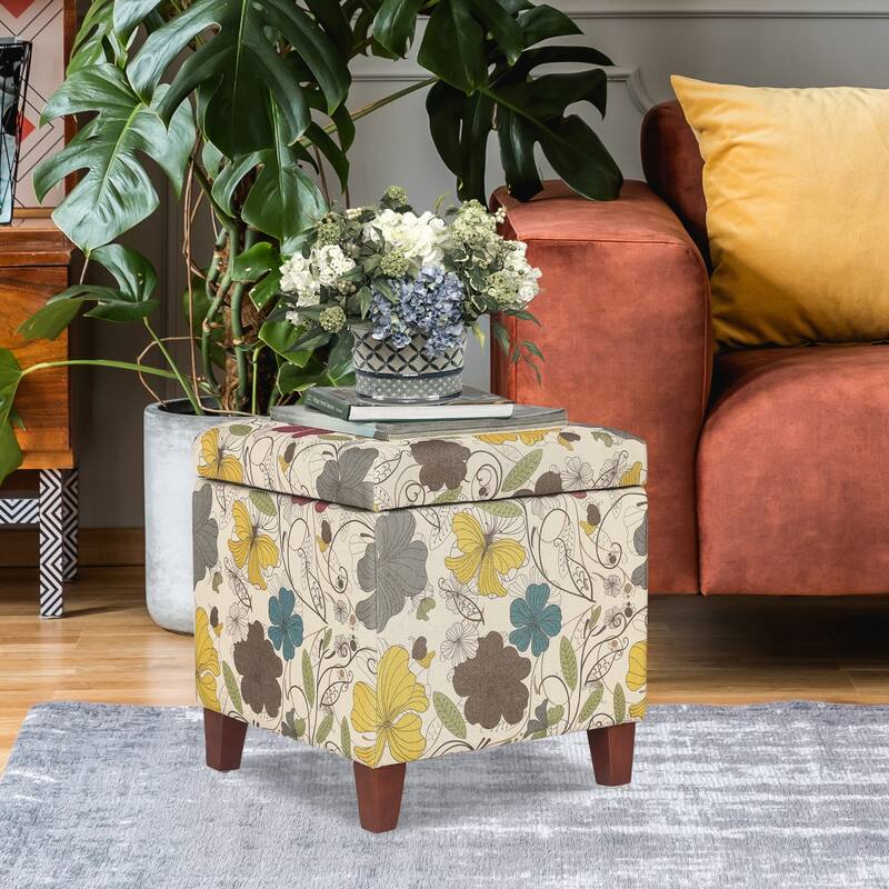 Adeco Storage Ottoman Fabric Bench, Rectangular Linen Foot Rest Stool - With Yellow Flowers