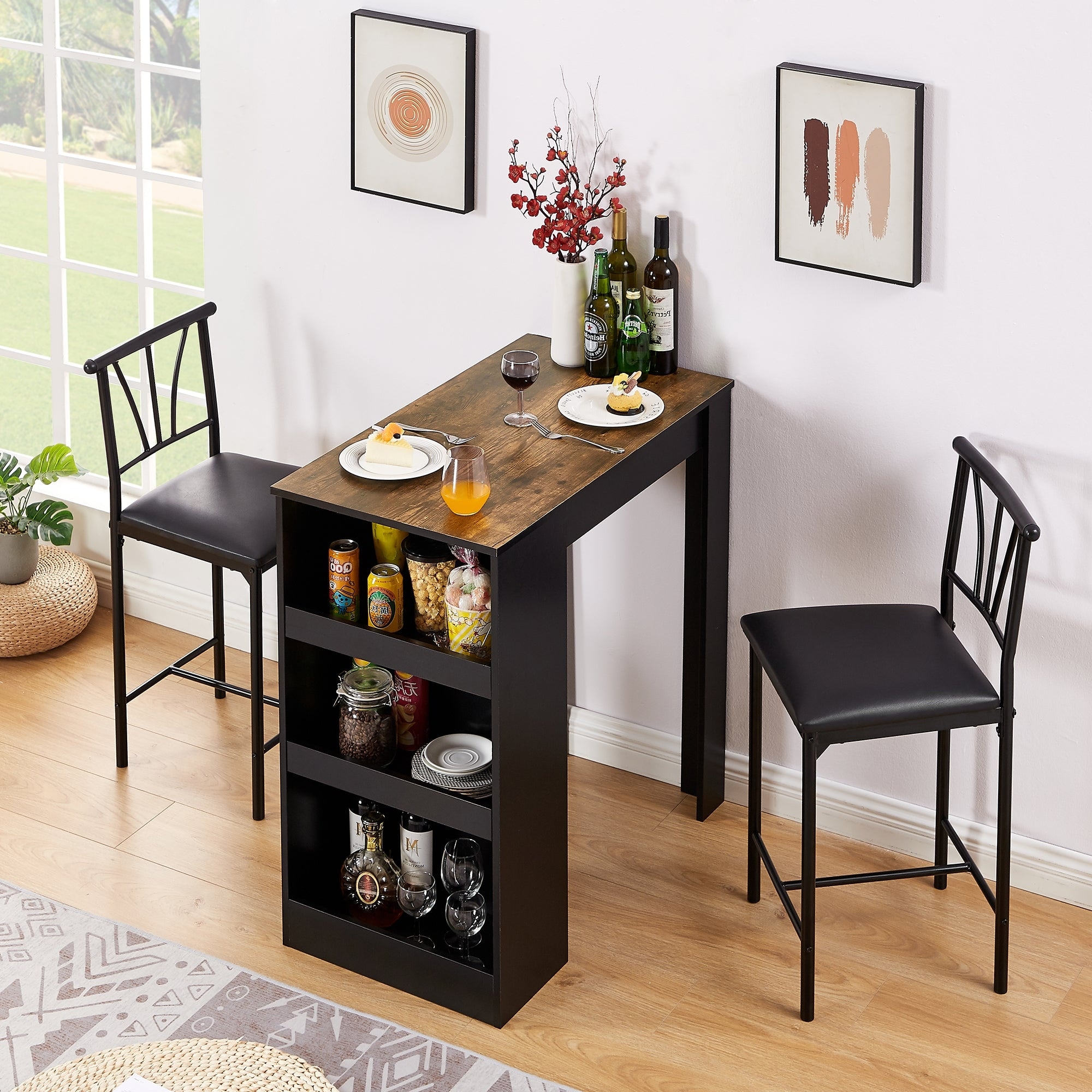 3 Piece Dining Table Set Counter Height Dining Table Set for 2 Compact Kitchen Table Set