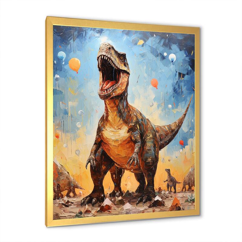 Designart "Pop Art Dino Explosion" Dinosaur Wall Decor Grey - Modern Hallway Framed Wall Art Decor