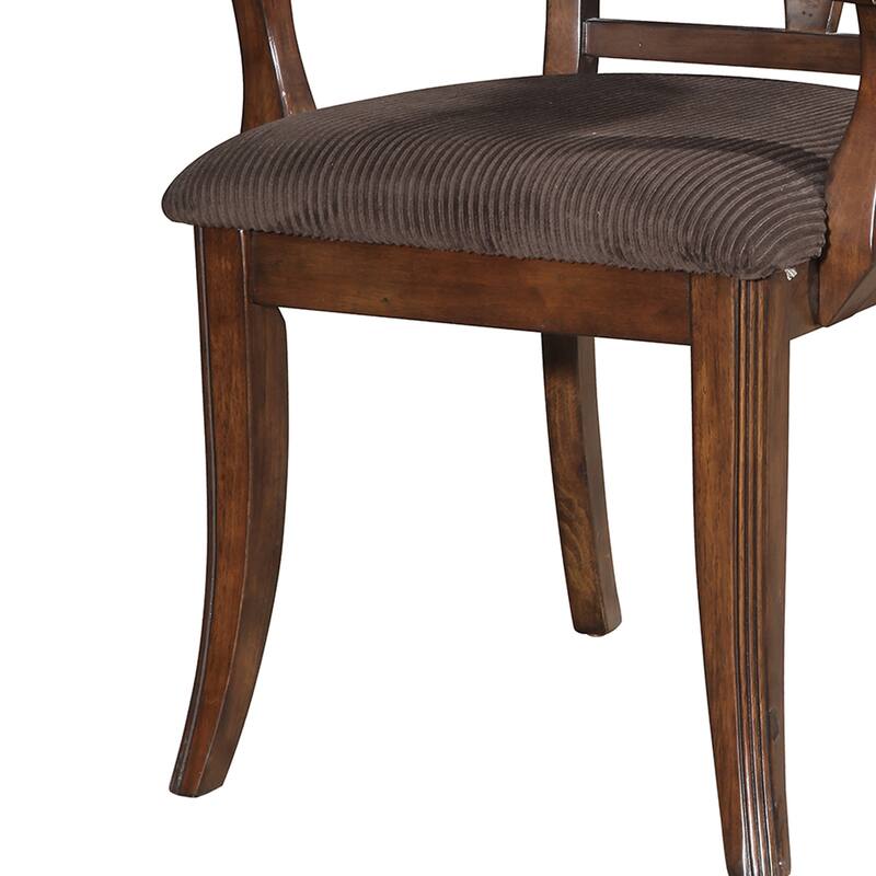 Wooden Arm Chair with Fabric Padded Seat and Lattice Design Backrest, Brown, Set of Two