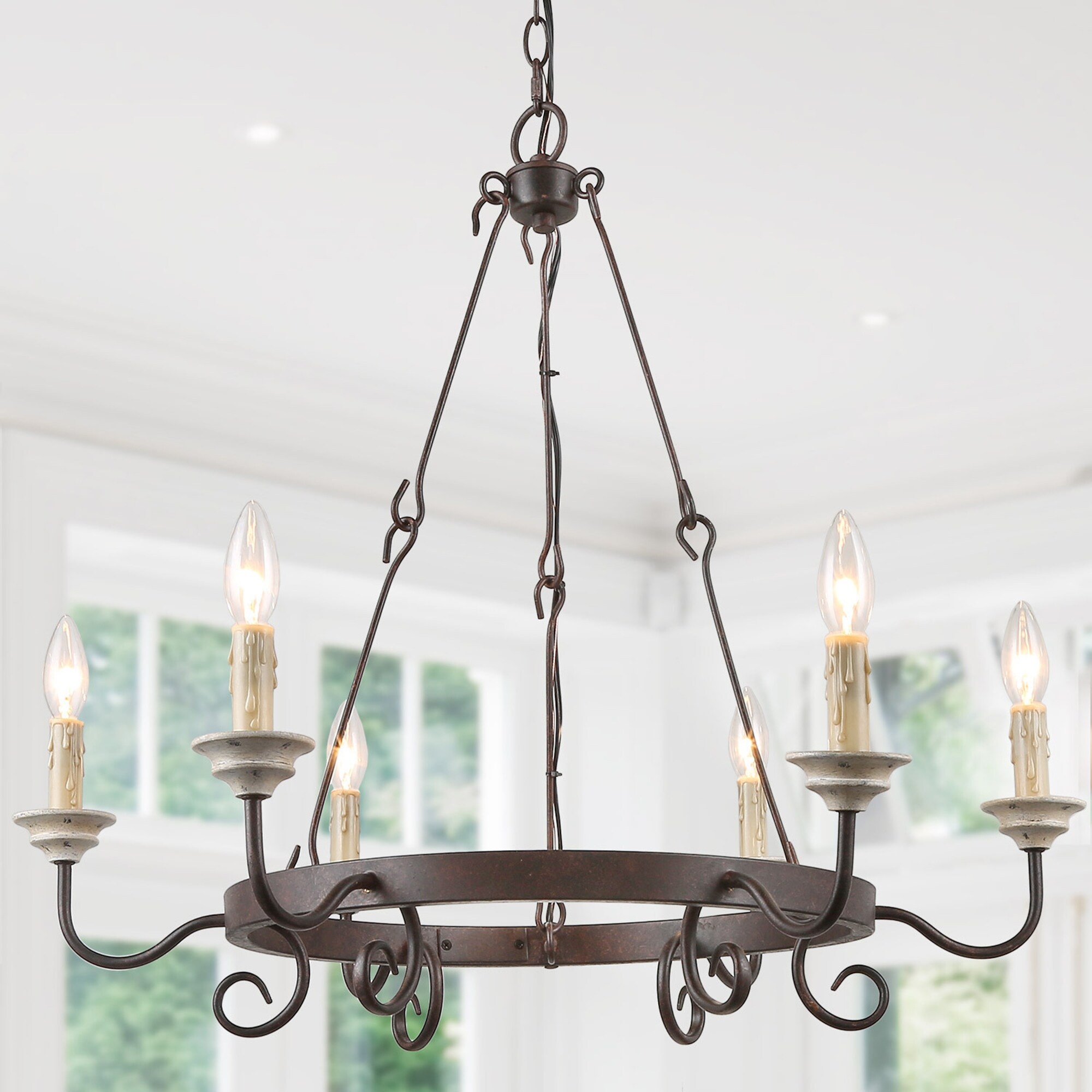 Rustic French Country Antique 6 Light Metal Wood Candle Chandelier On Sale Overstock 28150899