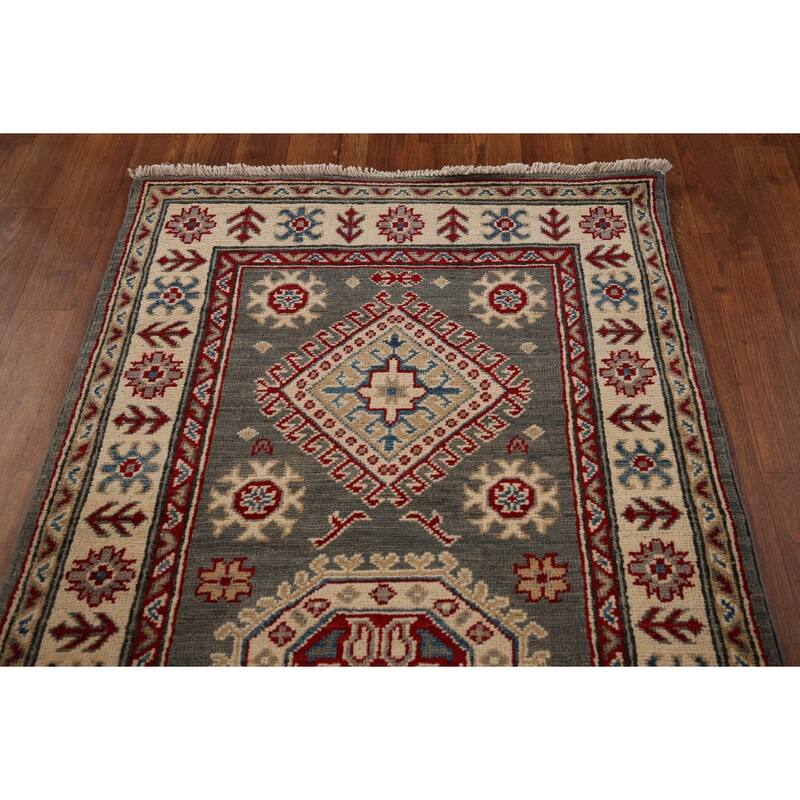 Gray Geometric Kazak Oriental Runner Rug Handmade Wool Carpet - 2'8" x 16'4"
