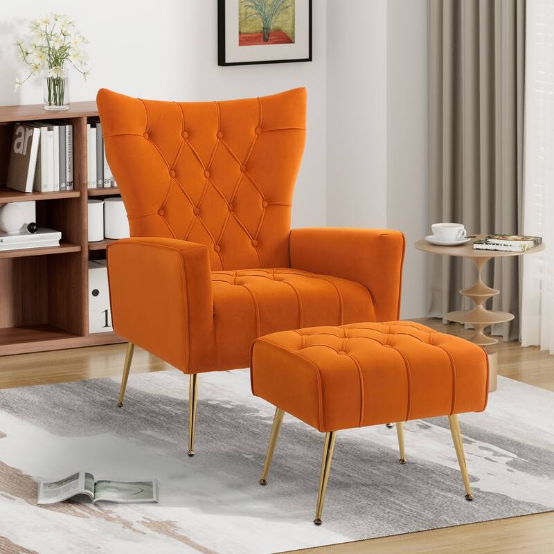 Ouyessir Upholstered Tufted Accent Chair with Ottoman - Velvet - Orange