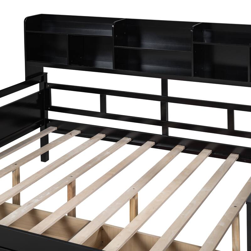 Twin/Full Size Daybed, Solid Wood Platform Sofa Bed Frame with Built In Bookshelves and Two Drawers